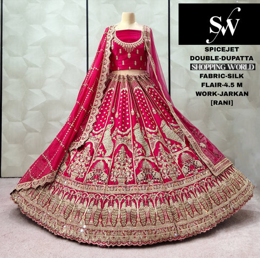 Fabulous Rani pink Silk Double Dupatta Peacock Bridal Lehenga
