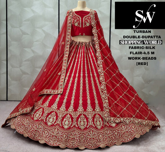 Tremendous Red Silk Double Dupatta Bridal Lehenga