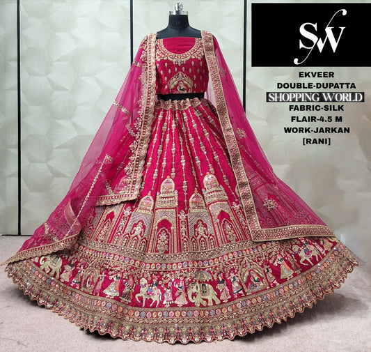 Pretty Rani pink Doli barat Silk Double Dupatta Bridal Lehenga
