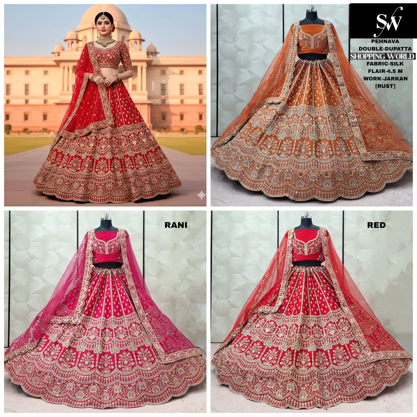 Awesome Rani pink red Rust Orange Double Dupatta Silk Bridal Lehenga