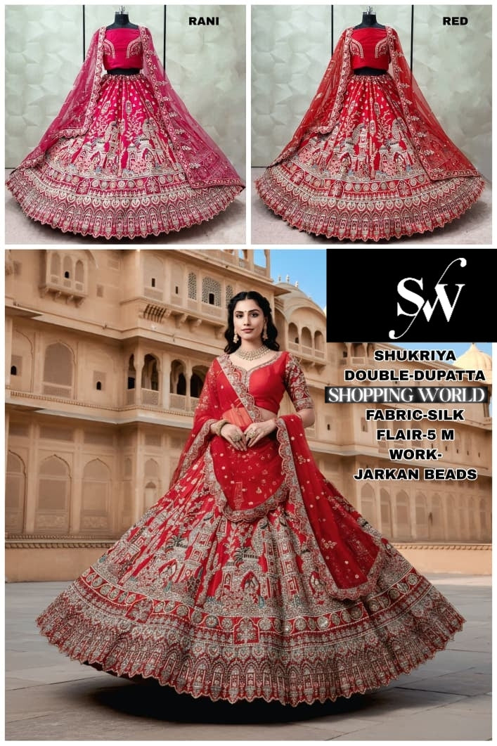 Engaging Rani pink red Double Dupatta Silk Bridal Lehenga