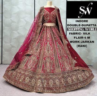 Awesome Rani pink peacock Silk Double Dupatta Bridal Lehenga