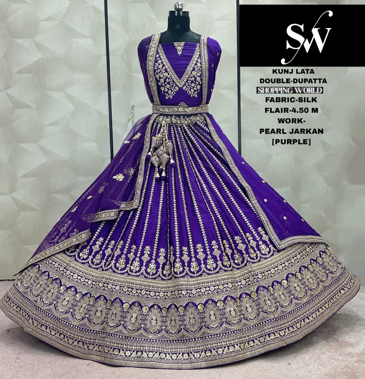 Elegant Purple Double Dupatta Silk Bridal Lehenga