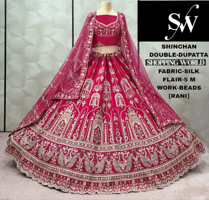 Glamorous Rani pink peacock Silk Double Dupatta Bridal Lehenga