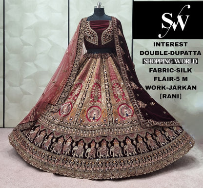 Engaging Maroon peacock Silk Bridal Lehenga
