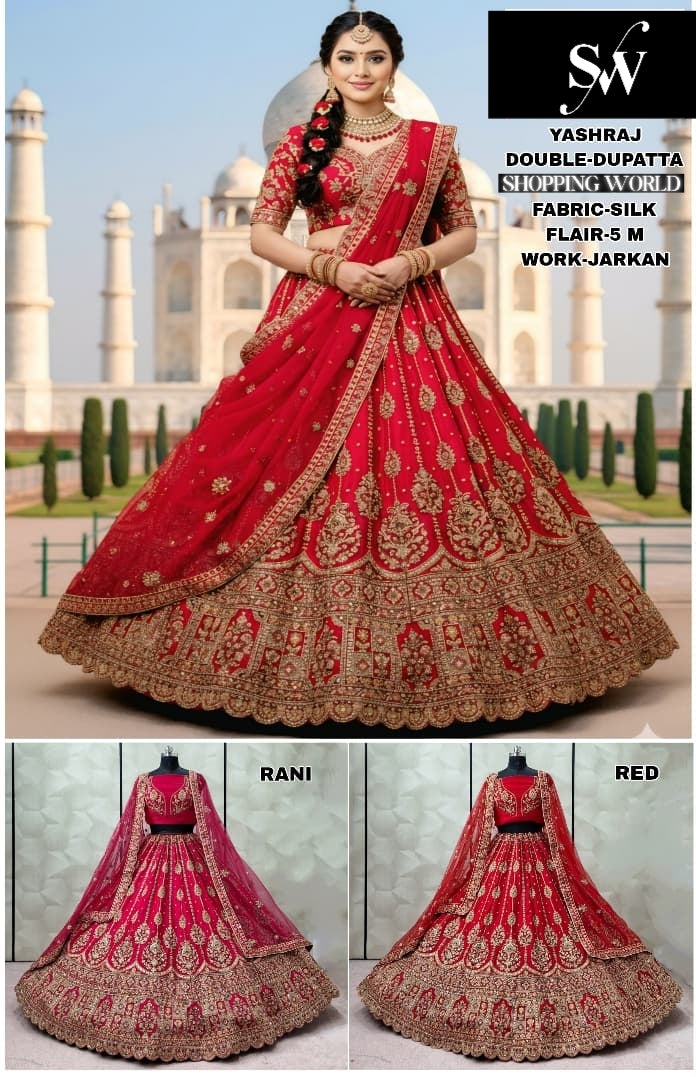Embellished Red Rani pink Double Dupatta Silk Bridal Lehenga