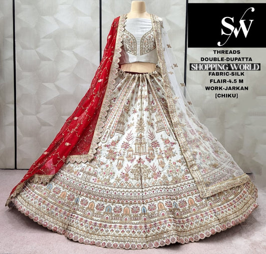 Pretty Chiku Golden White Silk Double Dupatta Bridal Lehenga