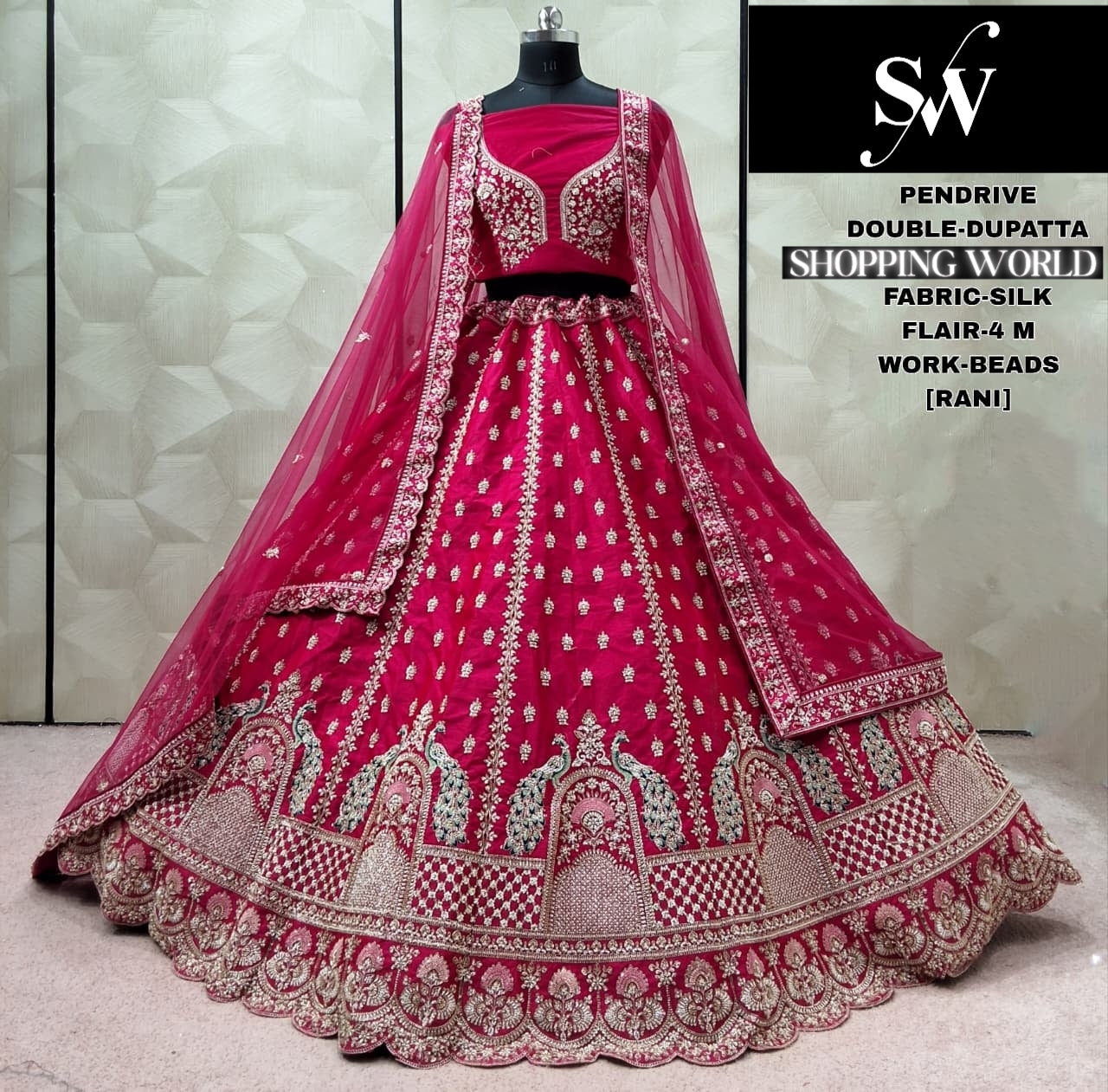 Stunning Rani pink Silk Double Dupatta Peacock Bridal Lehenga