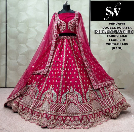 Stunning Rani pink Silk Double Dupatta Peacock Bridal Lehenga
