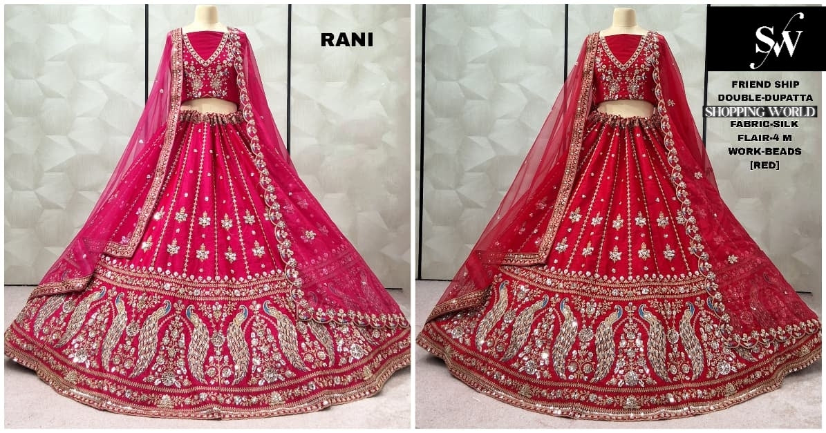 Designer Red Rani pink peacock Silk Bridal Lehenga