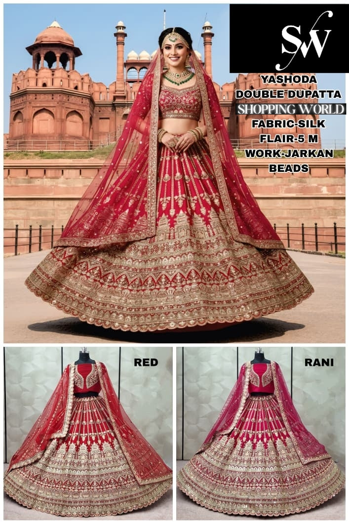 Fabulous Red Rani pink Silk Double Dupatta Bridal Lehenga