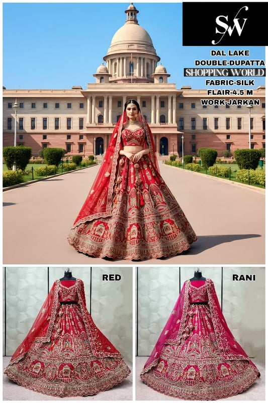 Delightful Red Rani pink Silk Double Dupatta Peacock Bridal Lehenga
