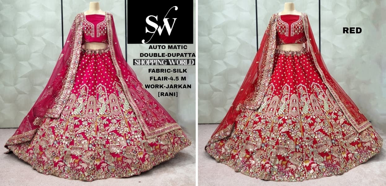 Embellished Red Rani pink Silk Double Dupatta Peacock Bridal Lehenga