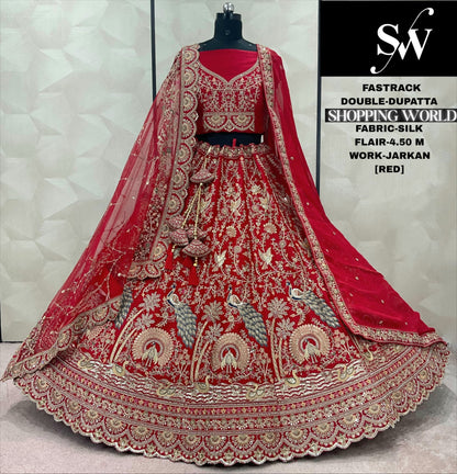 Fabulous Red Peacock Silk Double Dupatta Bridal Lehenga