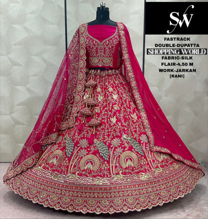 Fabulous Red Peacock Silk Double Dupatta Bridal Lehenga
