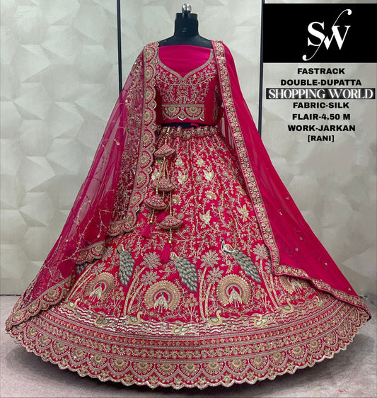 Fantastic Rani pink Peacock Silk Double Dupatta Bridal Lehenga