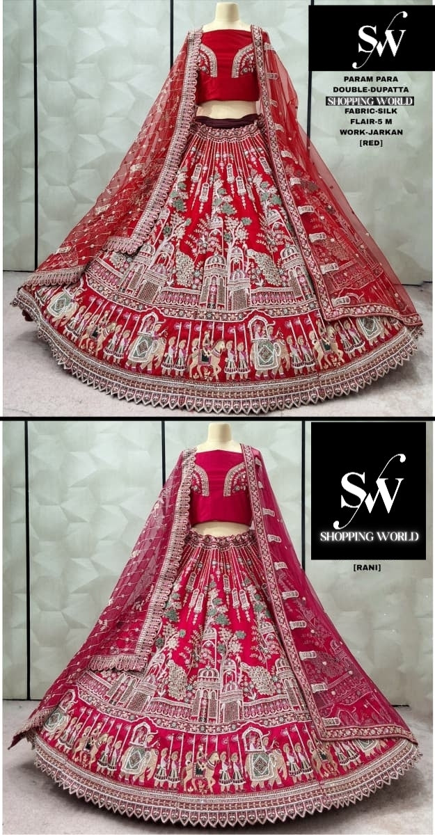 Lavishing Red Rani pink Peacock Silk Double Dupatta Bridal Lehenga