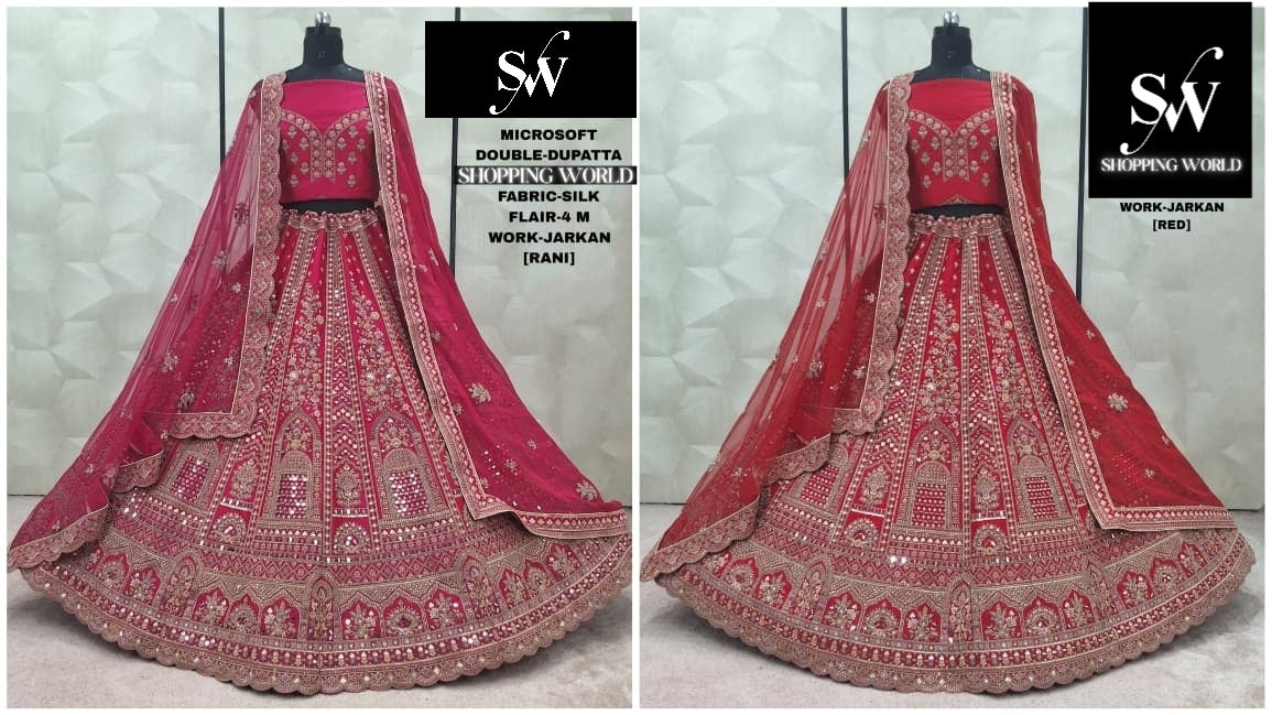 Khoobsurat Red Rani pink Silk Double Dupatta Bridal Lehenga