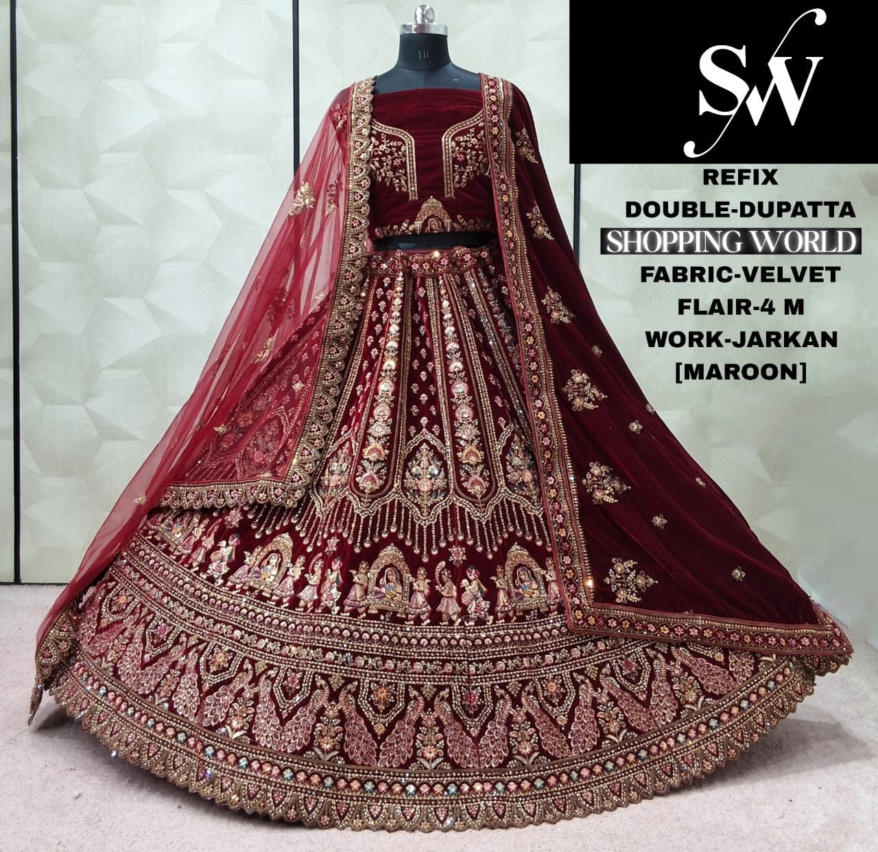 Attractive Dark Maroon Doli Barat Double Dupatta Velvet Bridal Lehenga
