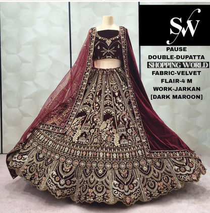 Pretty Maroon peacock Double Dupatta Velvet Bridal Lehenga
