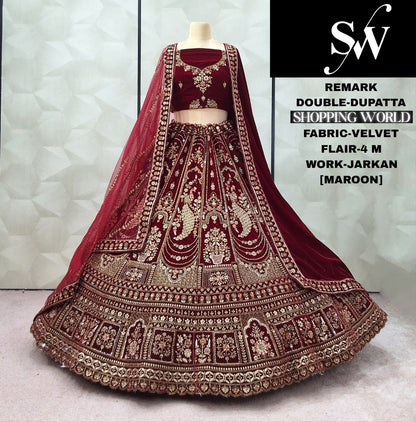 Delightful peacock Dark Maroon Double Dupatta Velvet Bridal Lehenga