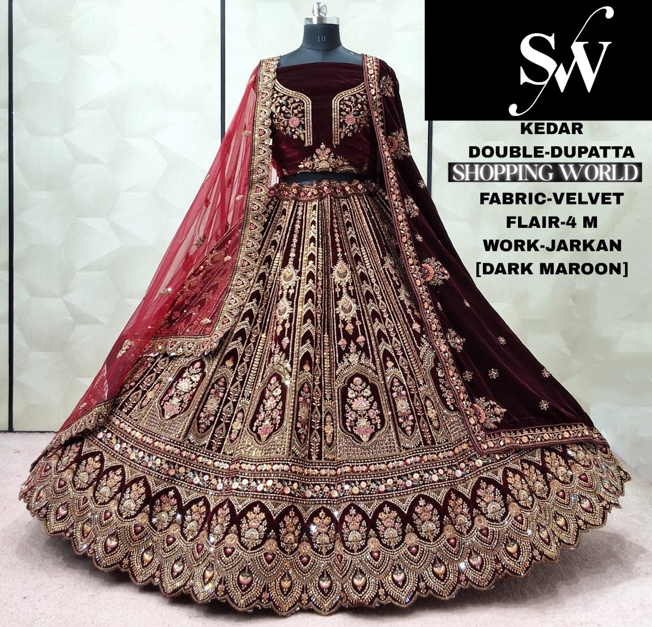 Khoobsurat Raspberry Double Dupatta Velvet Bridal Lehenga