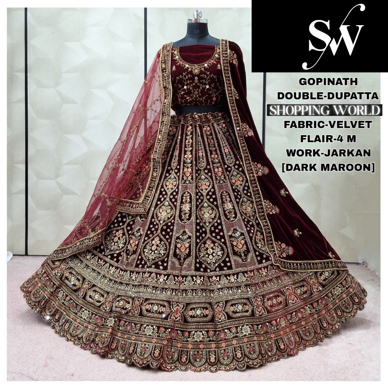 Pleasing Dark Maroon Double Dupatta Velvet Bridal Lehenga