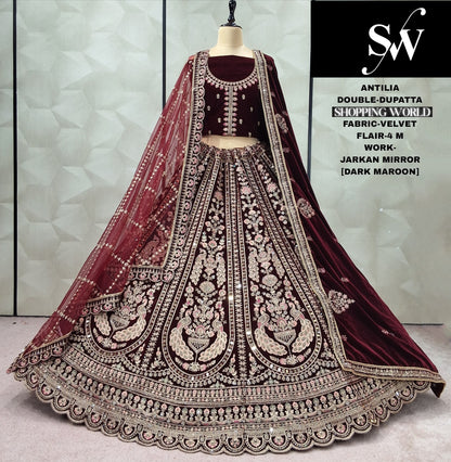 Engaging peacock Maroon Double Dupatta Velvet Bridal Lehenga
