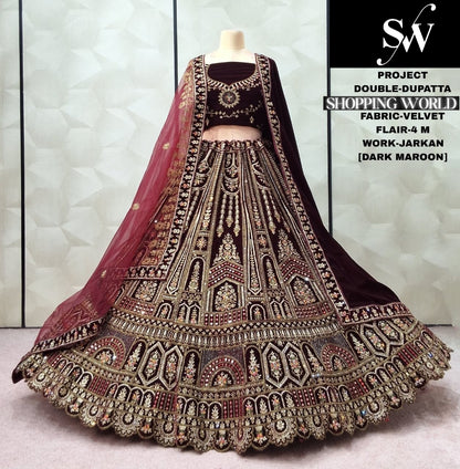 Stunning Dark Maroon Doli Barat Double Dupatta Velvet Bridal Lehenga