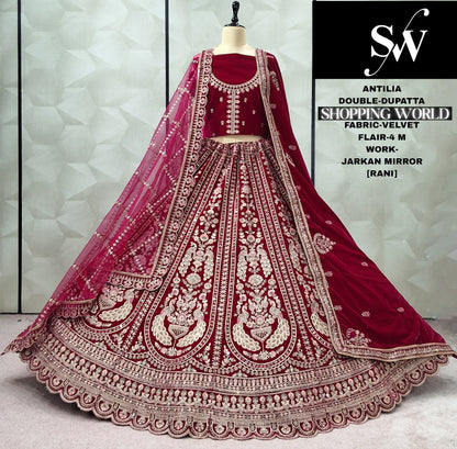 Engaging peacock Maroon Double Dupatta Velvet Bridal Lehenga