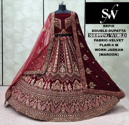 Attractive Dark Maroon Doli Barat Double Dupatta Velvet Bridal Lehenga