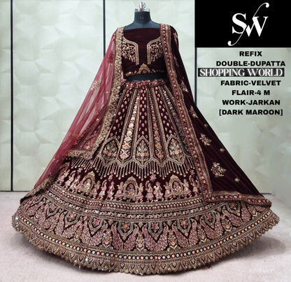 Attractive Dark Maroon Doli Barat Double Dupatta Velvet Bridal Lehenga