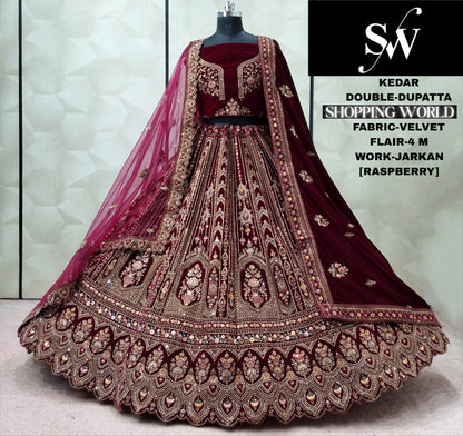 Khoobsurat Raspberry Double Dupatta Velvet Bridal Lehenga