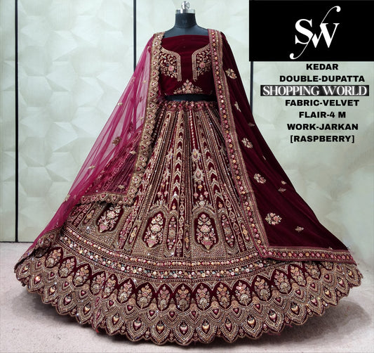 Khoobsurat Raspberry Double Dupatta Velvet Bridal Lehenga