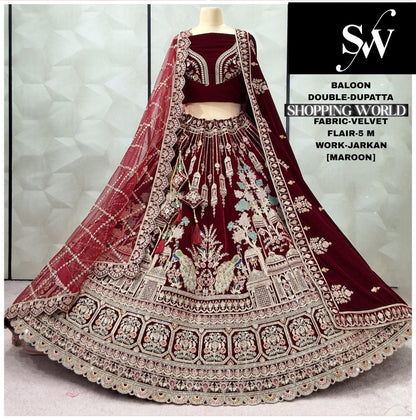Awesome peacock Dark Maroon Double Dupatta Velvet Bridal Lehenga
