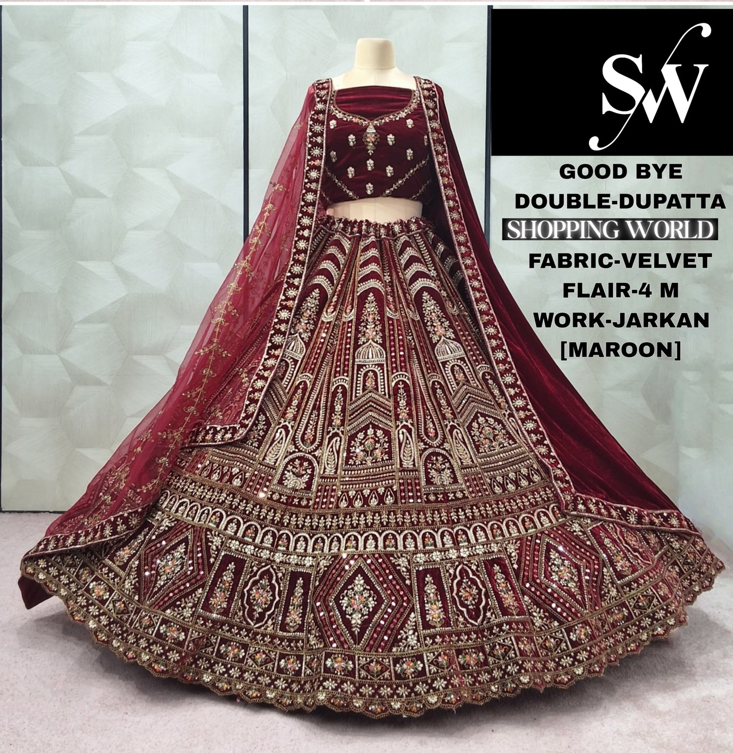 Fabulous Maroon Double Dupatta Velvet Bridal Lehenga