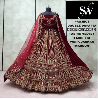 Stunning Dark Maroon Doli Barat Double Dupatta Velvet Bridal Lehenga