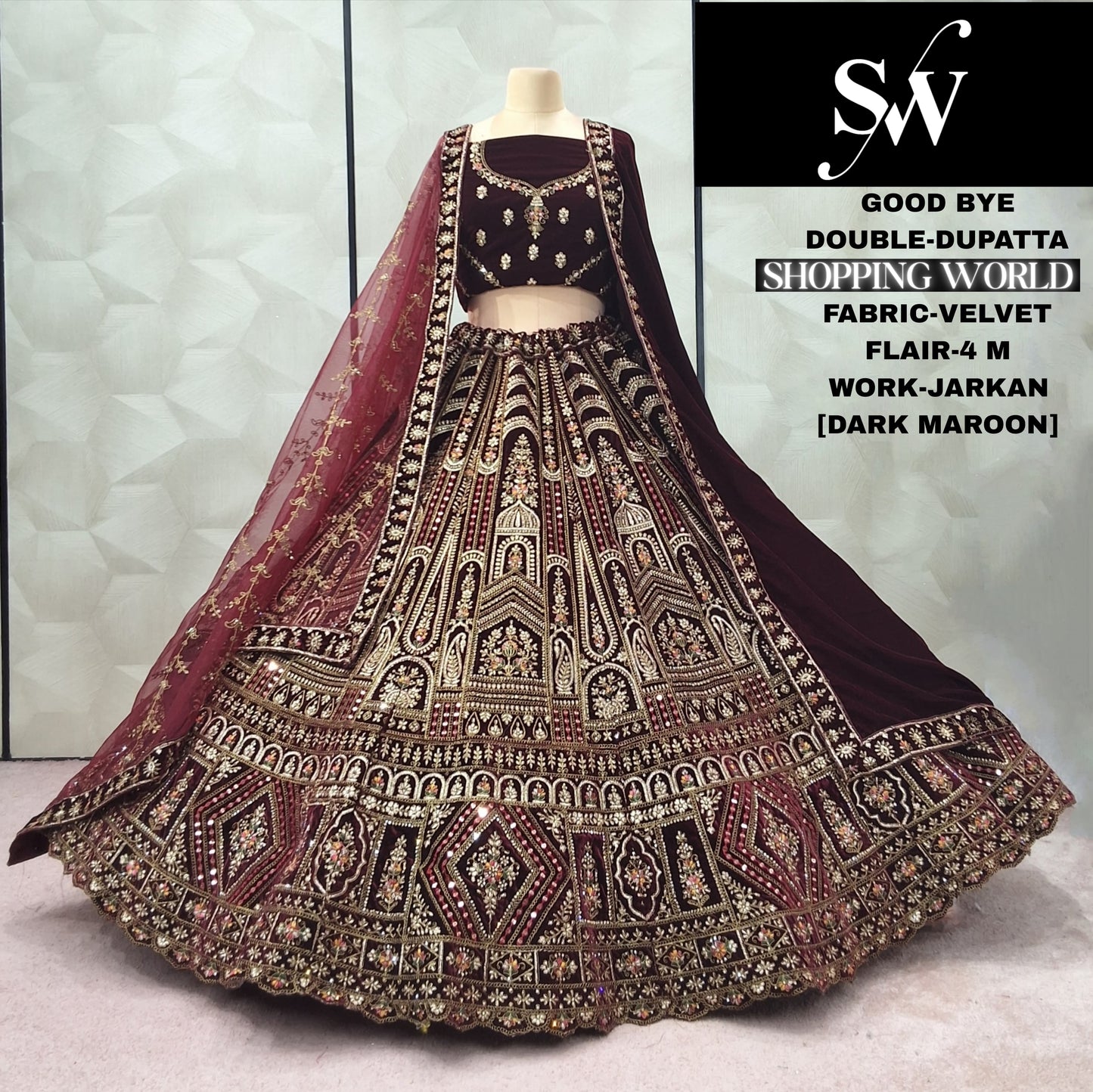 Fabulous Maroon Double Dupatta Velvet Bridal Lehenga