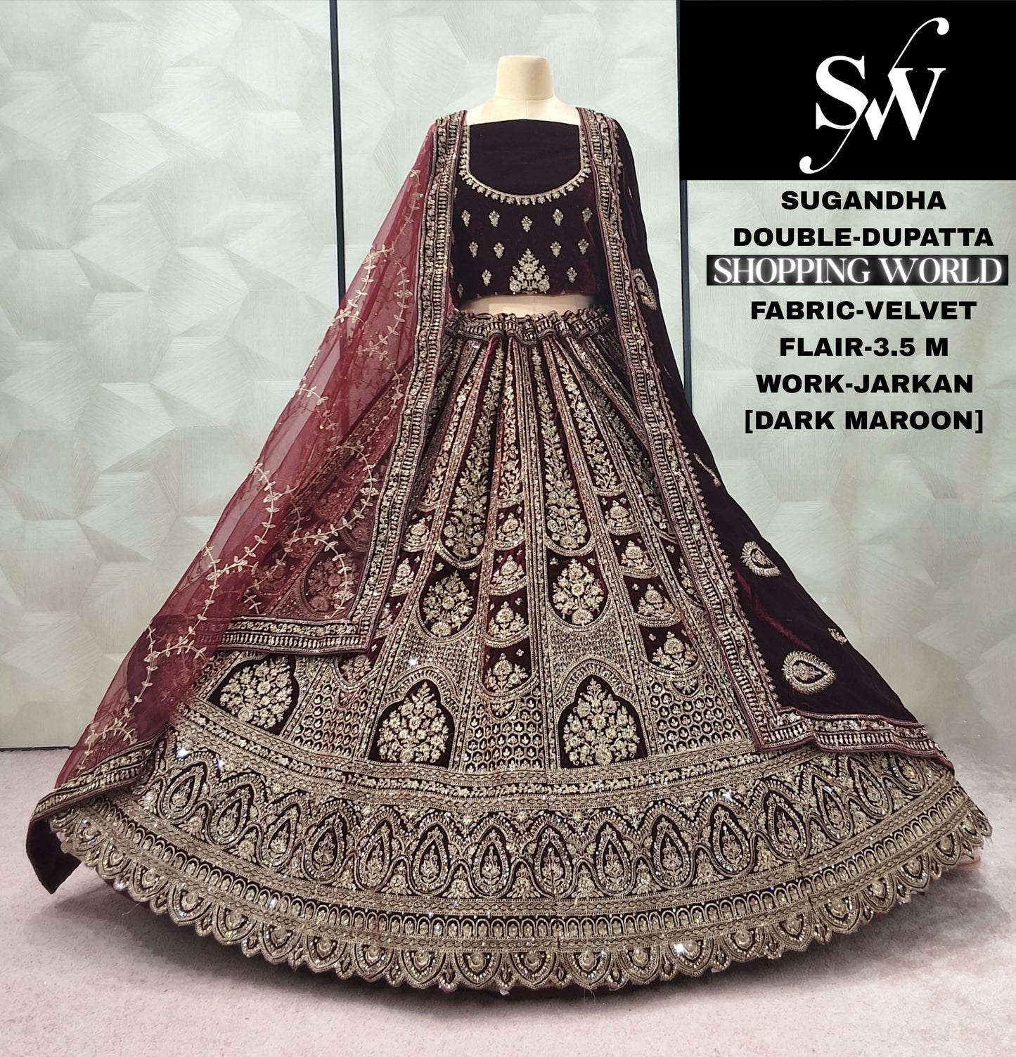 Gorgeous Dark Maroon Doli Barat Double Dupatta Velvet Bridal Lehenga