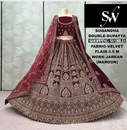 Gorgeous Dark Maroon Doli Barat Double Dupatta Velvet Bridal Lehenga