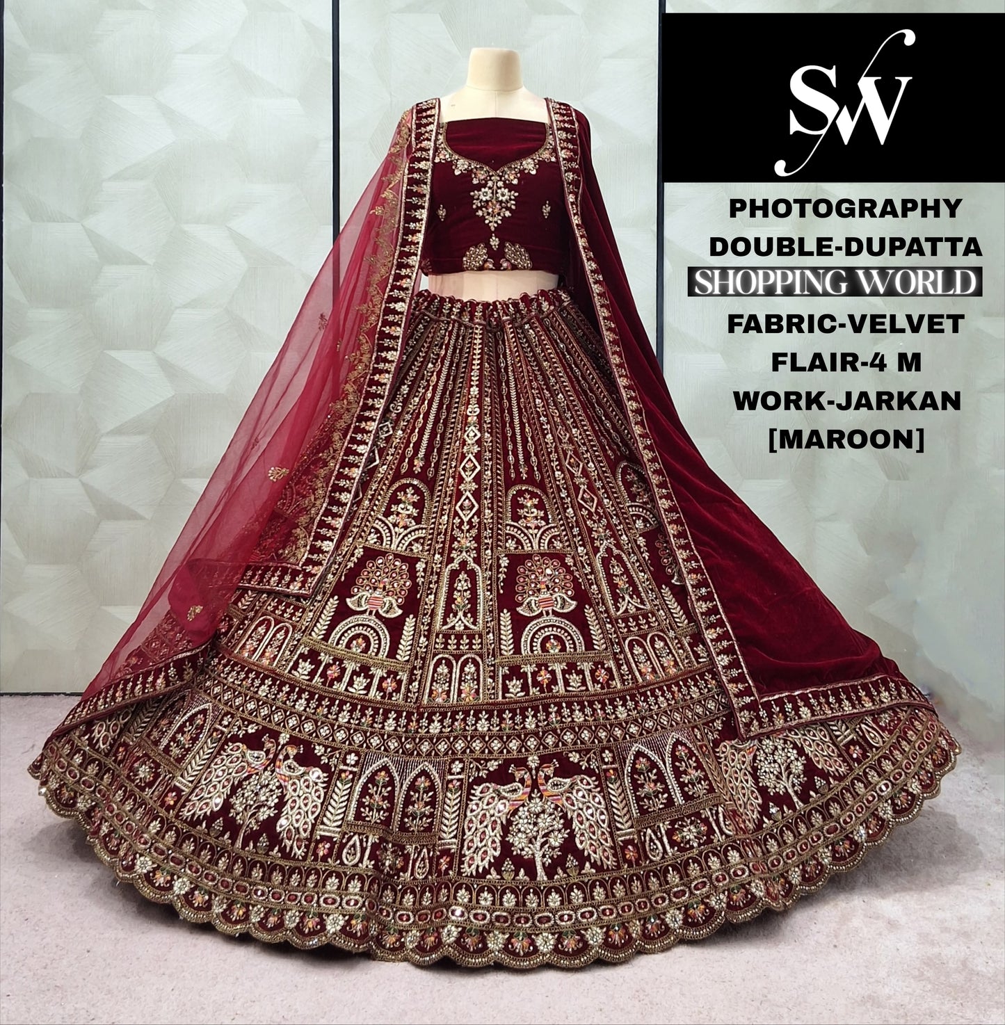 Charming Peacock Maroon Double Dupatta Velvet Bridal Lehenga