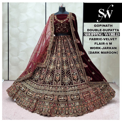 Pleasing Dark Maroon Double Dupatta Velvet Bridal Lehenga