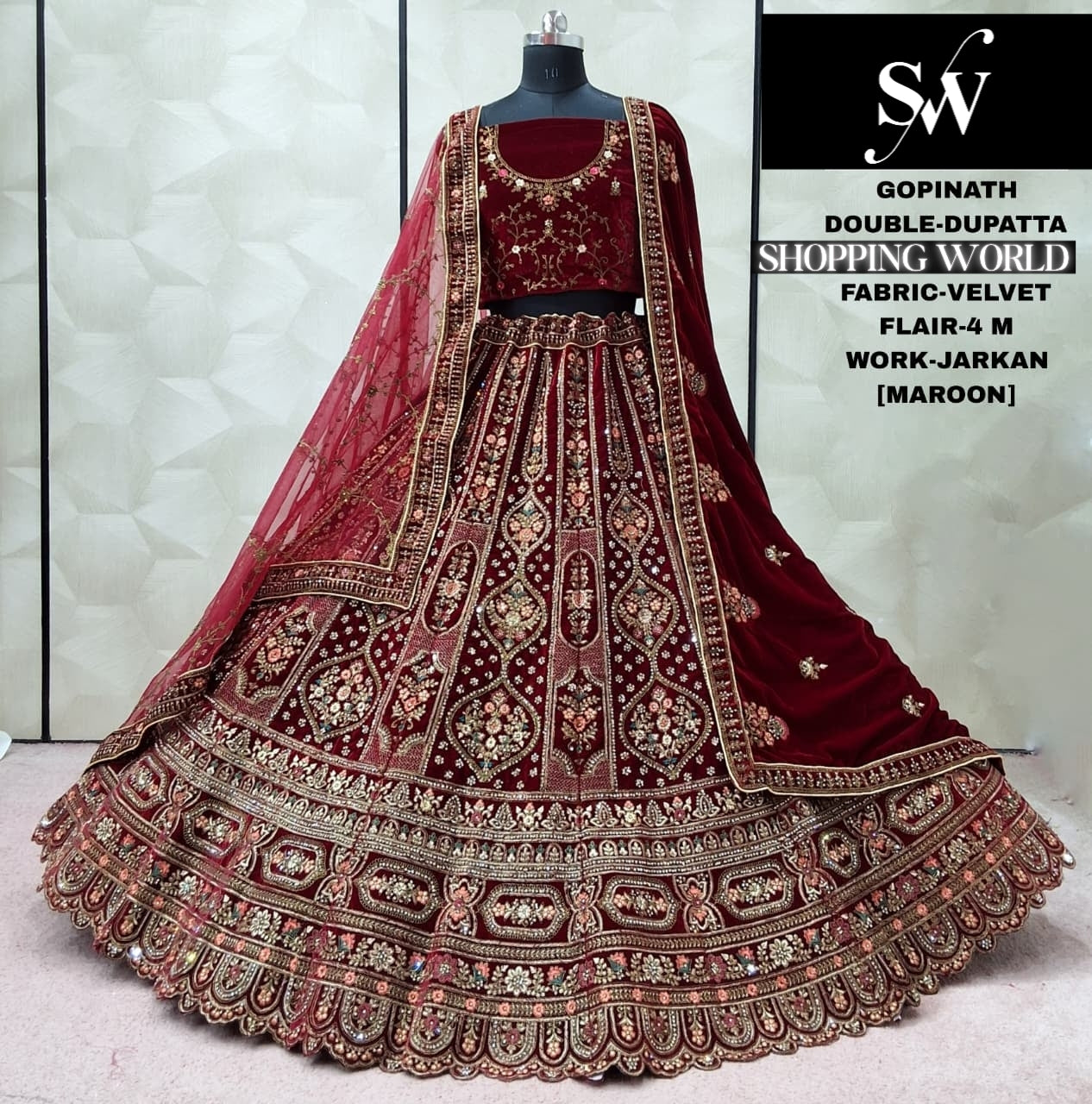 Pleasing Dark Maroon Double Dupatta Velvet Bridal Lehenga