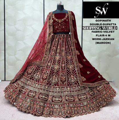 Pleasing Dark Maroon Double Dupatta Velvet Bridal Lehenga