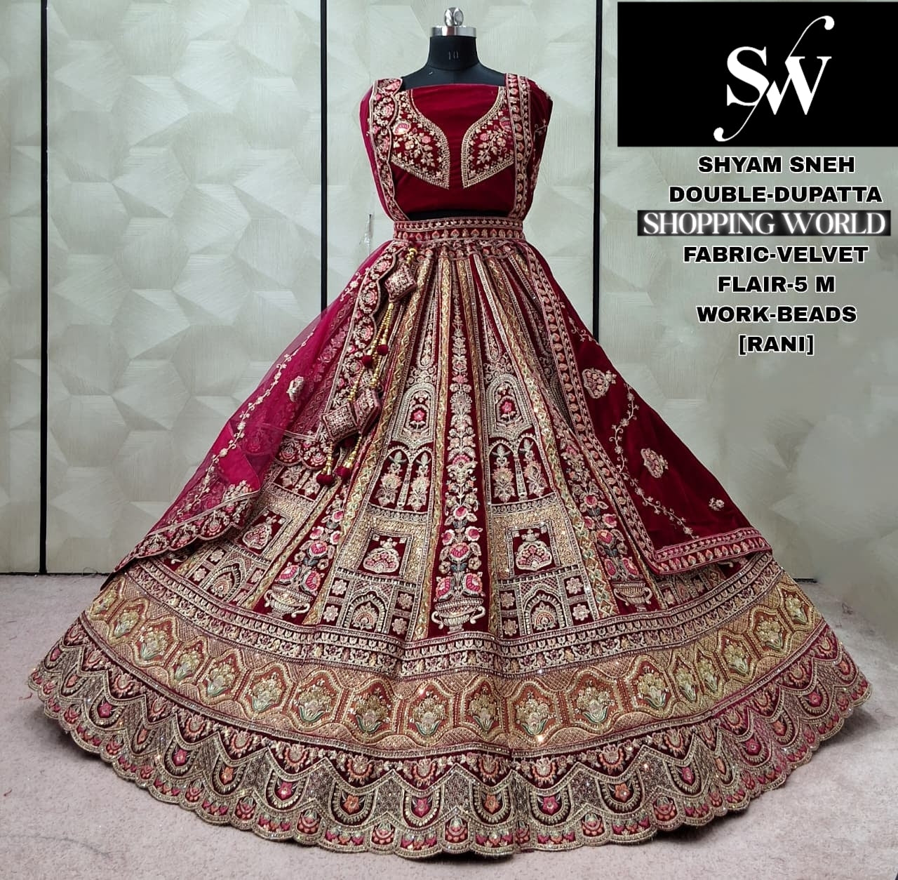 Embellished Rani pink Double Dupatta Velvet Bridal Lehenga