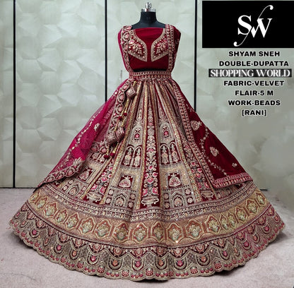 Embellished Rani pink Double Dupatta Velvet Bridal Lehenga