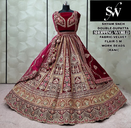 Embellished Rani pink Double Dupatta Velvet Bridal Lehenga