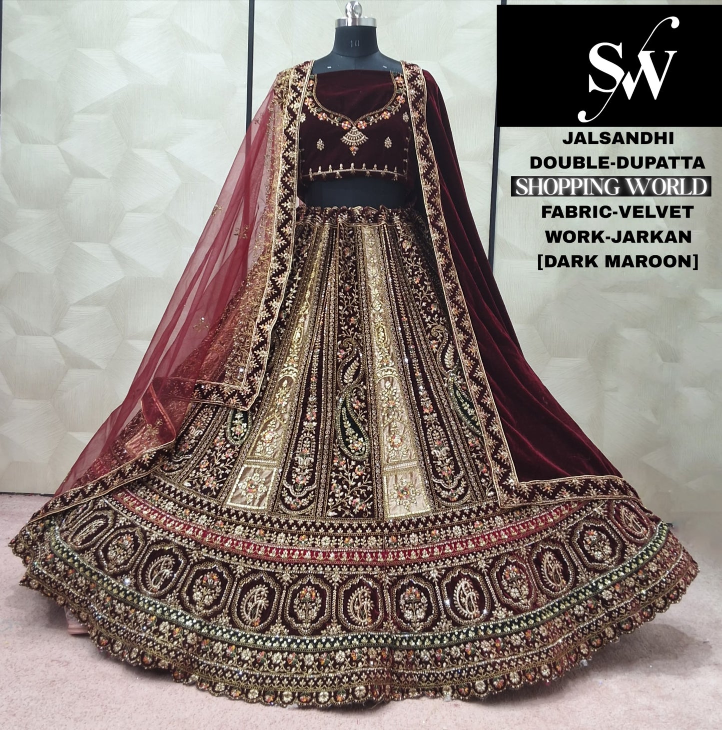 Glamorous Dark Maroon Double Dupatta Velvet Bridal Lehenga