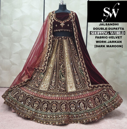 Glamorous Dark Maroon Double Dupatta Velvet Bridal Lehenga