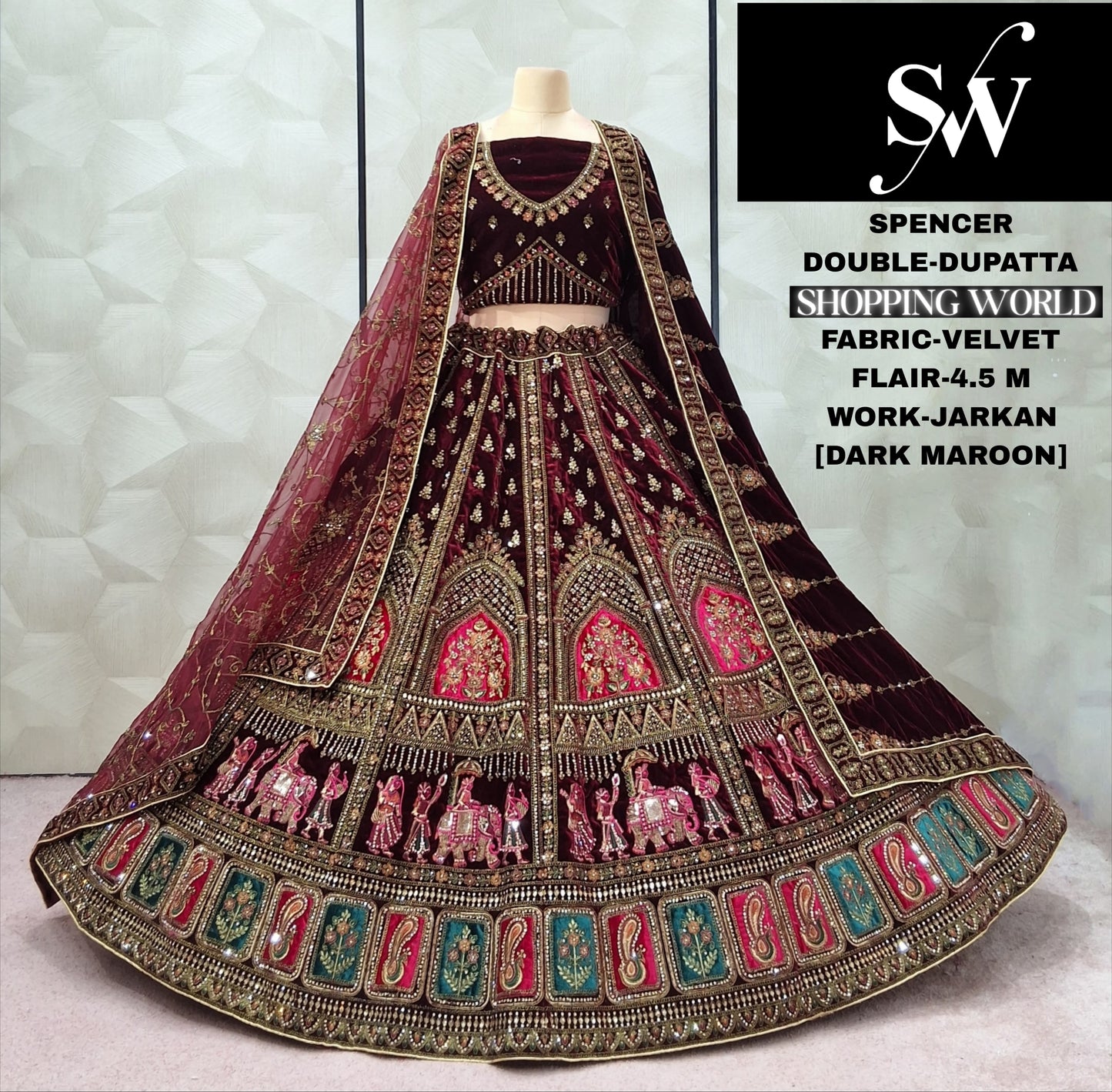 Eye Catching Velvet Dark Maroon Double Dupatta Bridal Lehenga